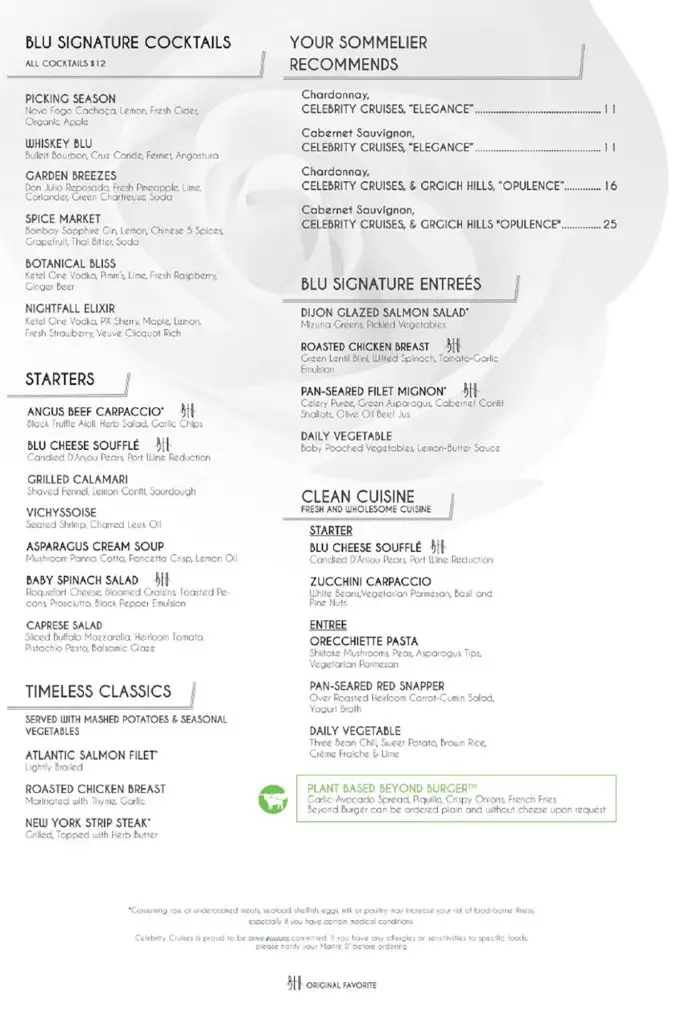 blu yachting club menu