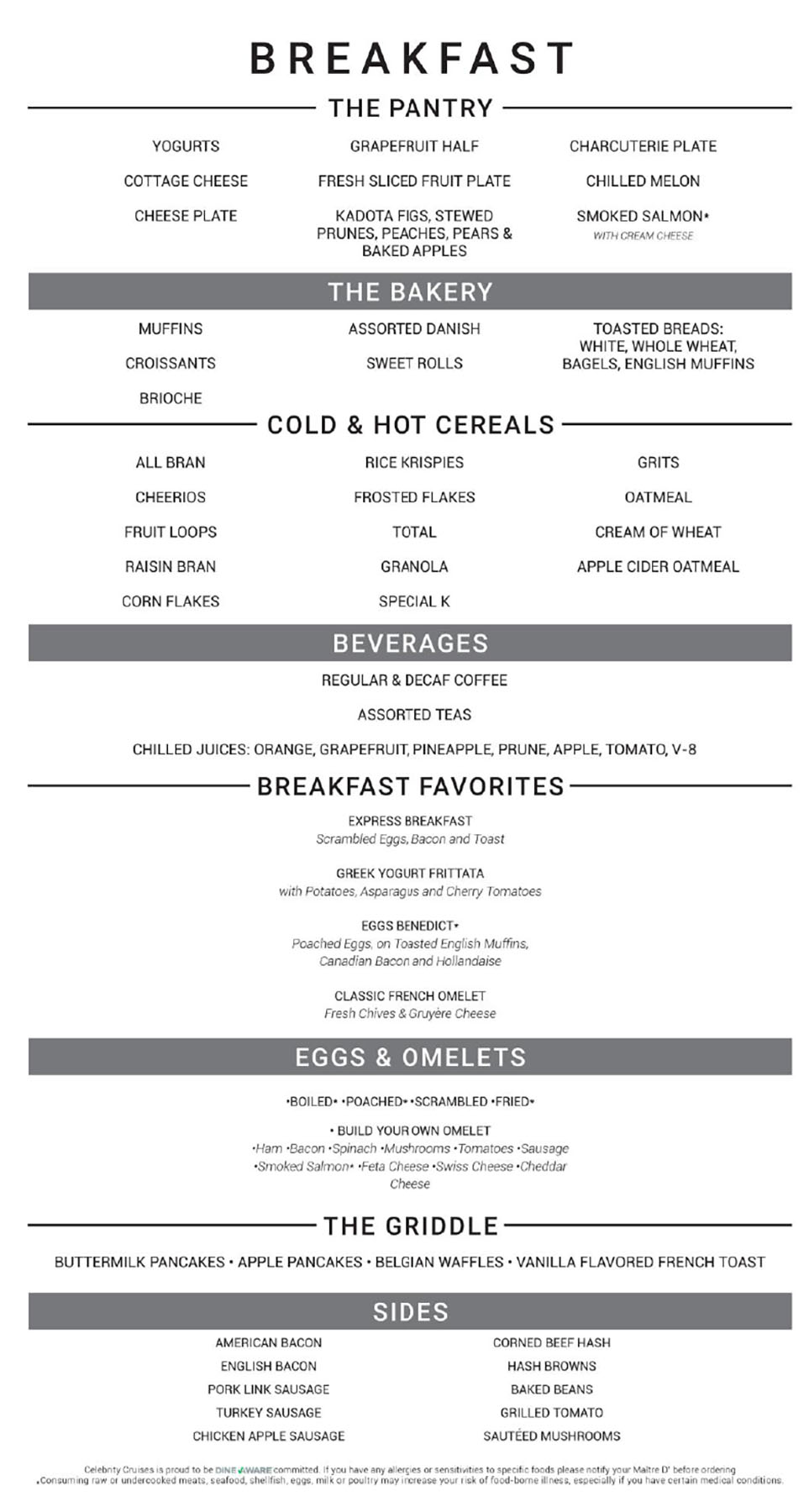 Celebrity Main Dining Room Breakfast Menu page 1
