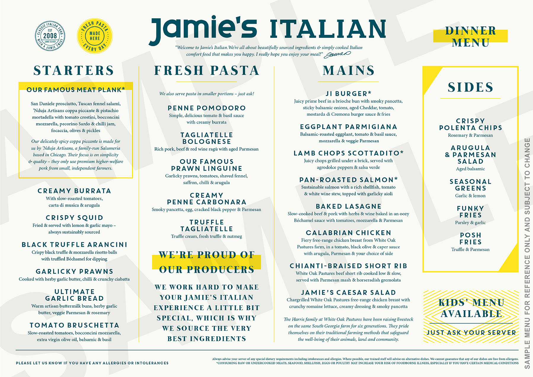 Royal Caribbean Jamies Italian Dinner Menu page 1