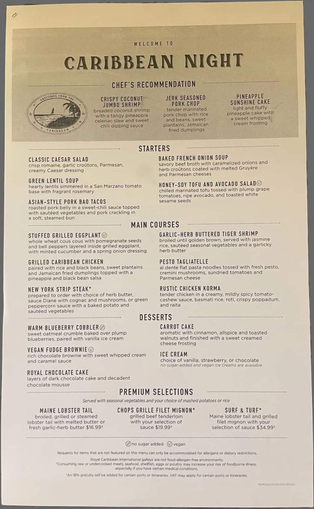 caribbean night menu on Royal Caribbean