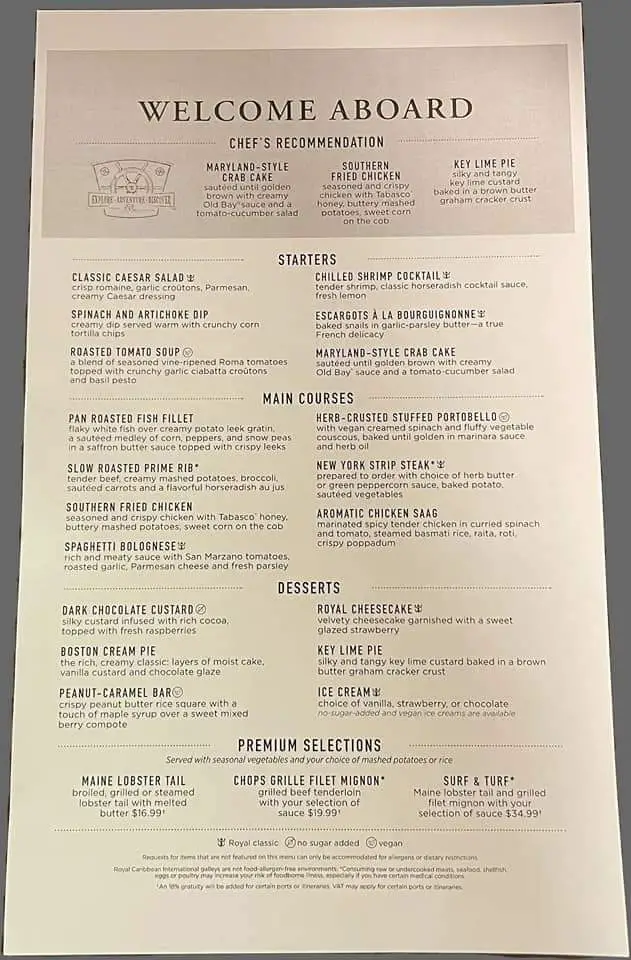 welcome menu in royal caribbean's dining room