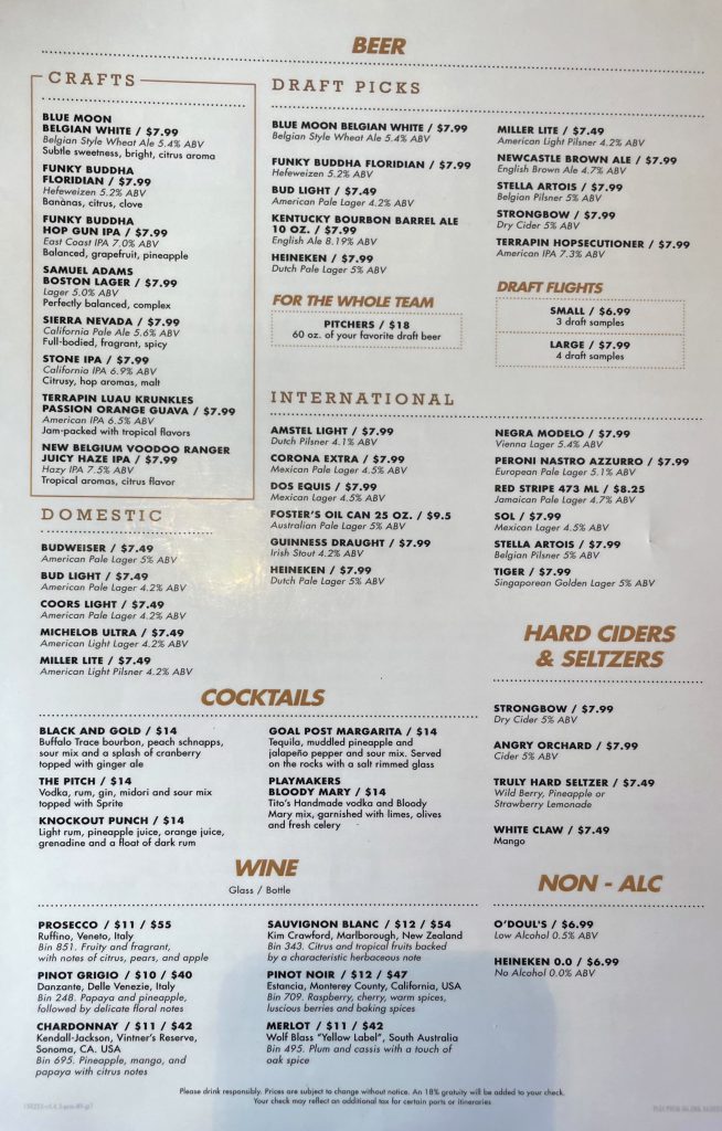 royal caribbean playmakers bar menu sept 2023