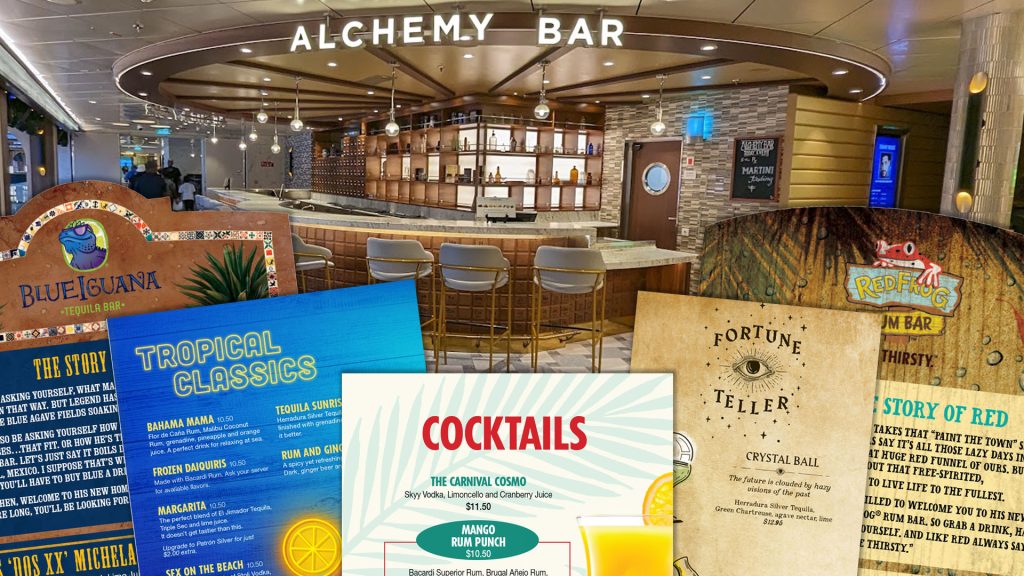 Carnival bar menus and drink prices for 2026