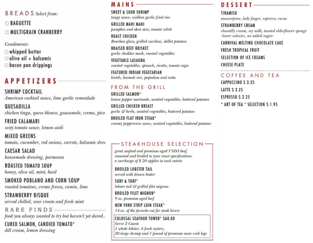 carnival mdr dining menu day 1