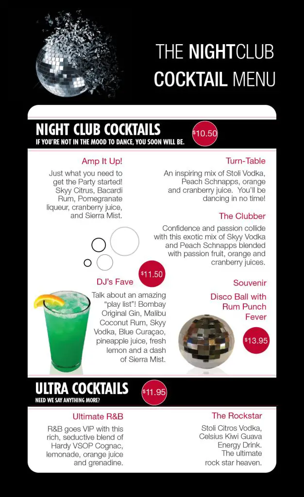 carnival night club menu page 1