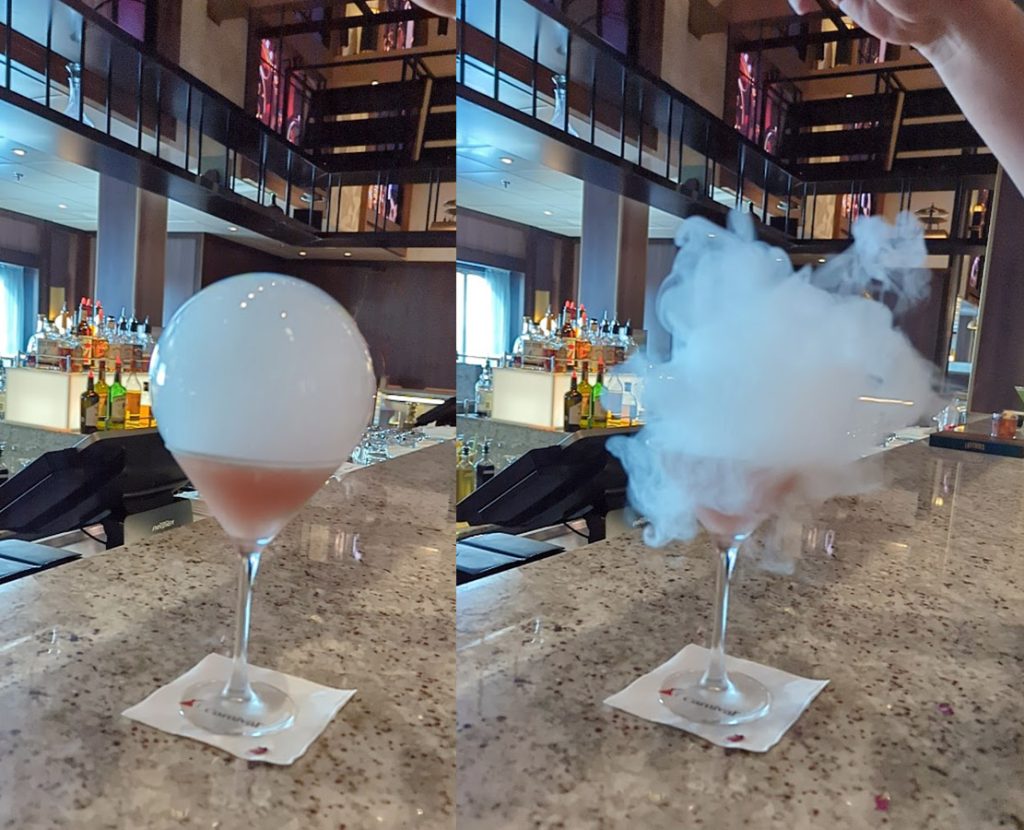 sakura drink before and after at Carnival Celebration Latitudes Bar