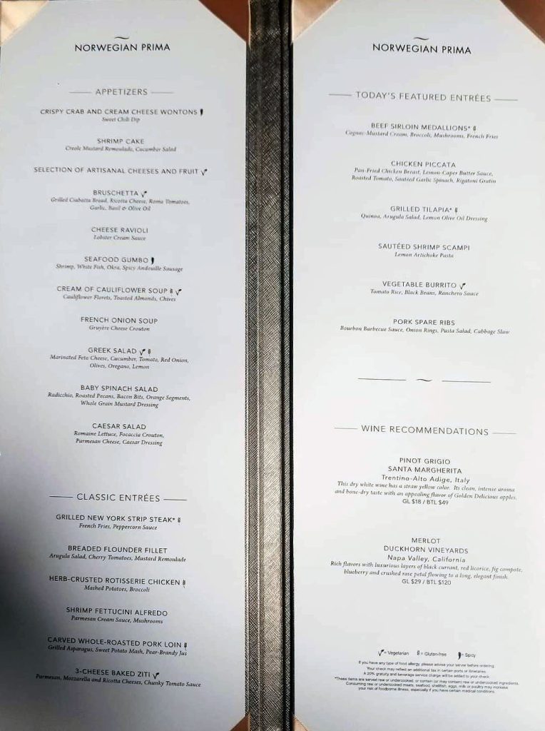 norwegian prima main dining room menu day 1