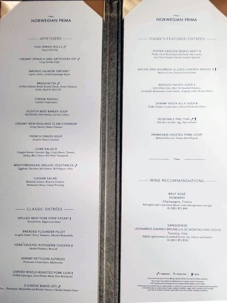 norwegian prima main dining room menu day 2