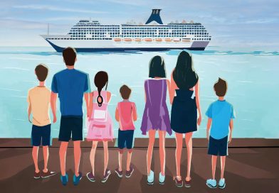 family looking at a cruise ship