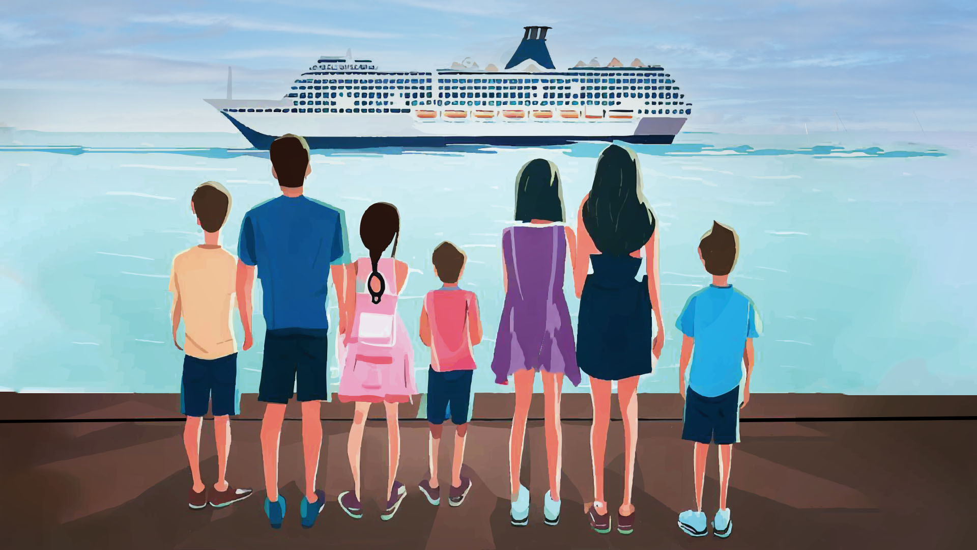 family looking at a cruise ship