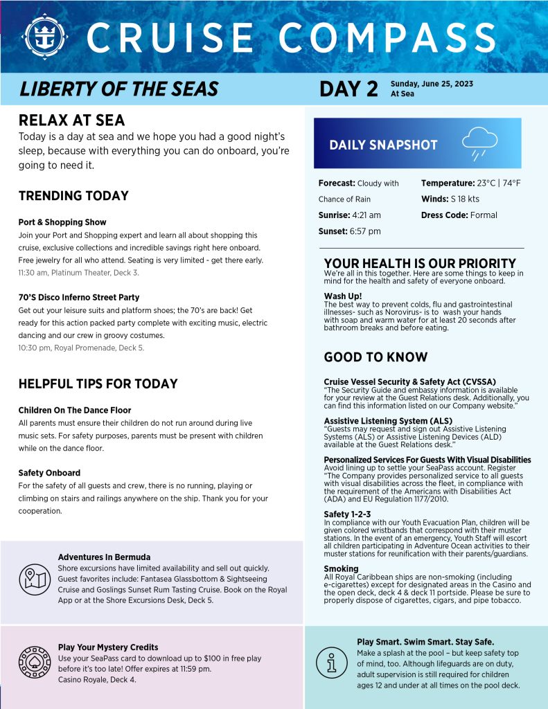 liberty of the seas bermuda cruise compass day 2 page 1