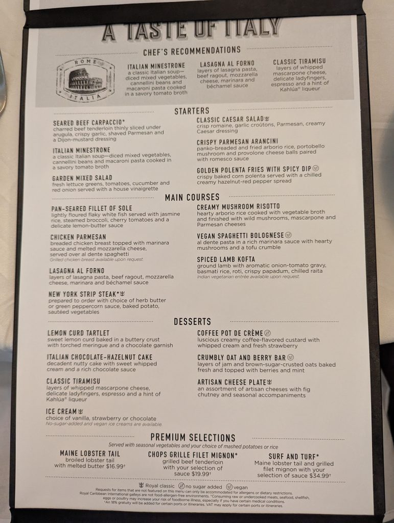 taste of italy royal caribbean mdr menu