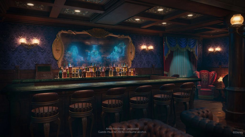 bar at disney haunted mansion parlor with 3 ghosts