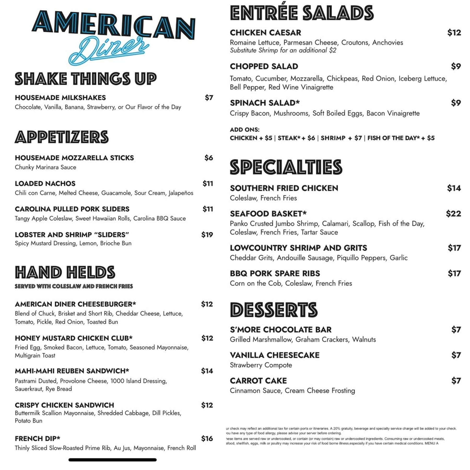 Norwegian American Diner Menu page 1