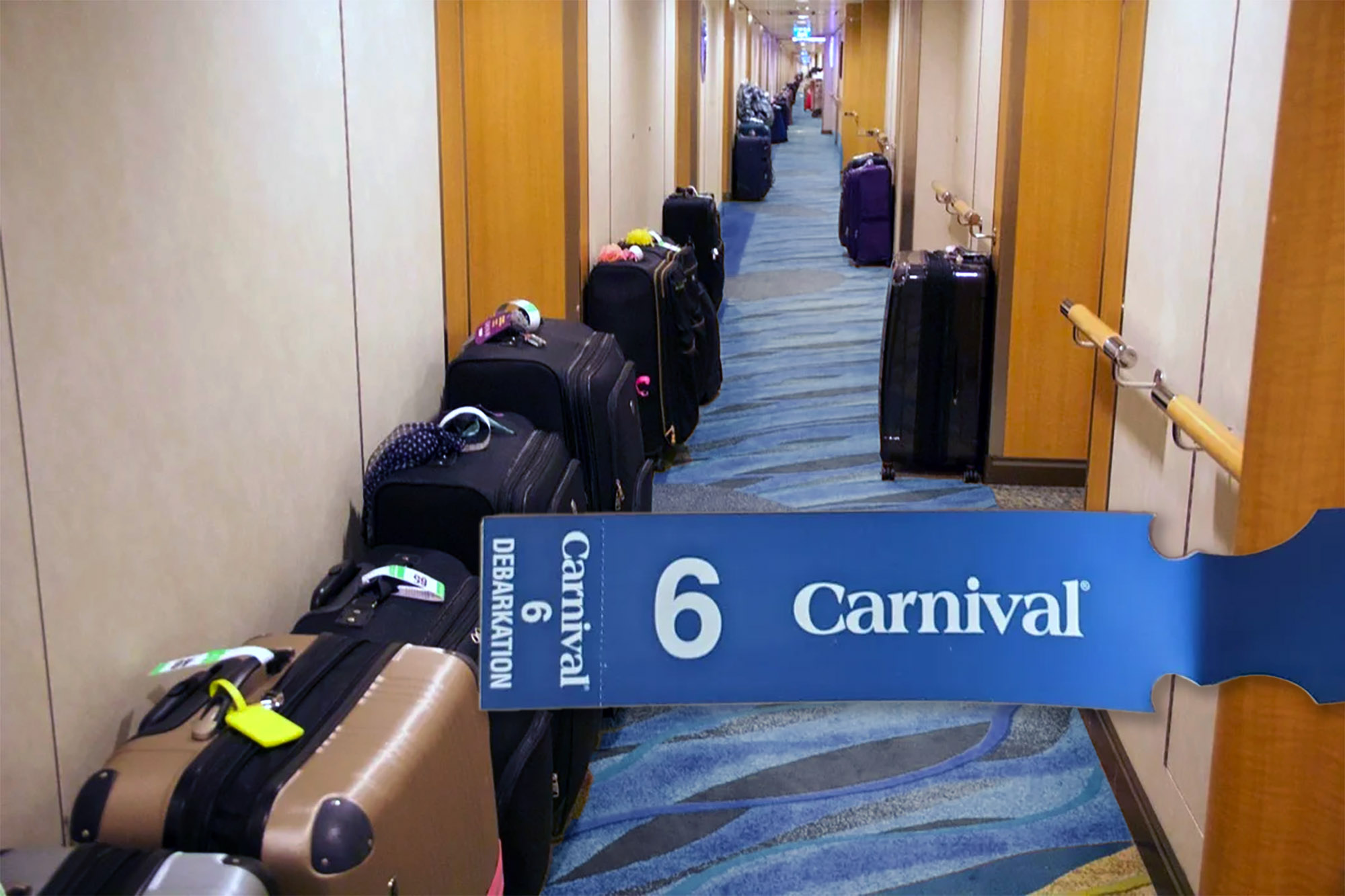 hallway with suitcases and carnival luggage tag
