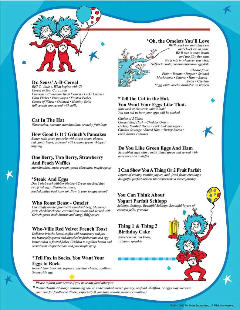 carnival thing 1 and thing 2 breakfast party menu