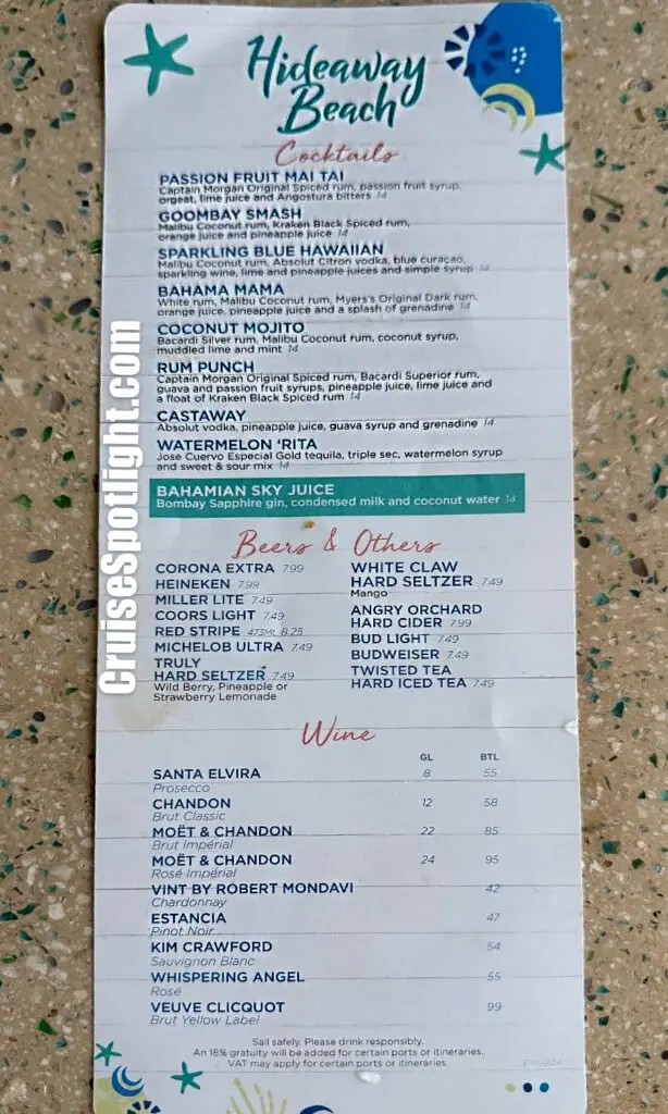 hideaway beach bar menu on perfect day at cococay