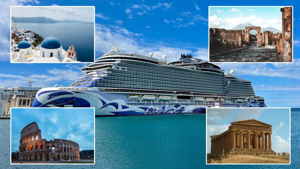 norwegian viva with oia, coliseum, and Parthenon