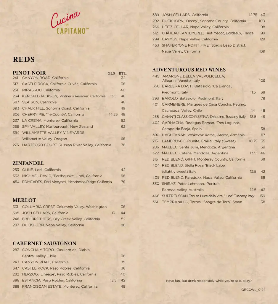 carnival cucina del capitano wine list page 2