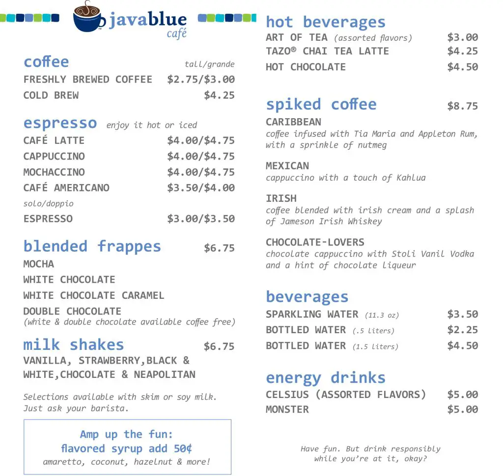 carnival java blue java blue cafe menu feb 2024