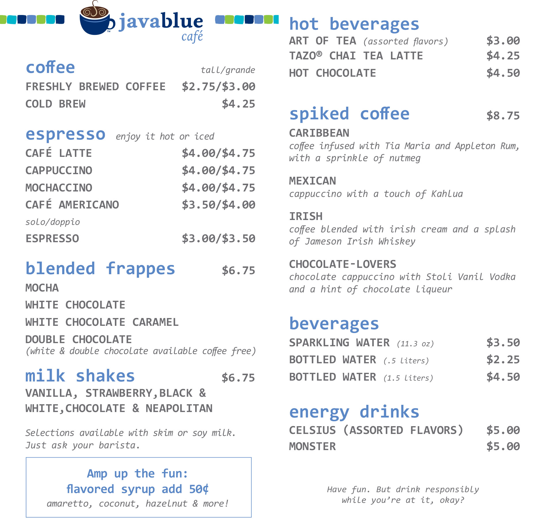 Java Blue Cafe Menu page 1