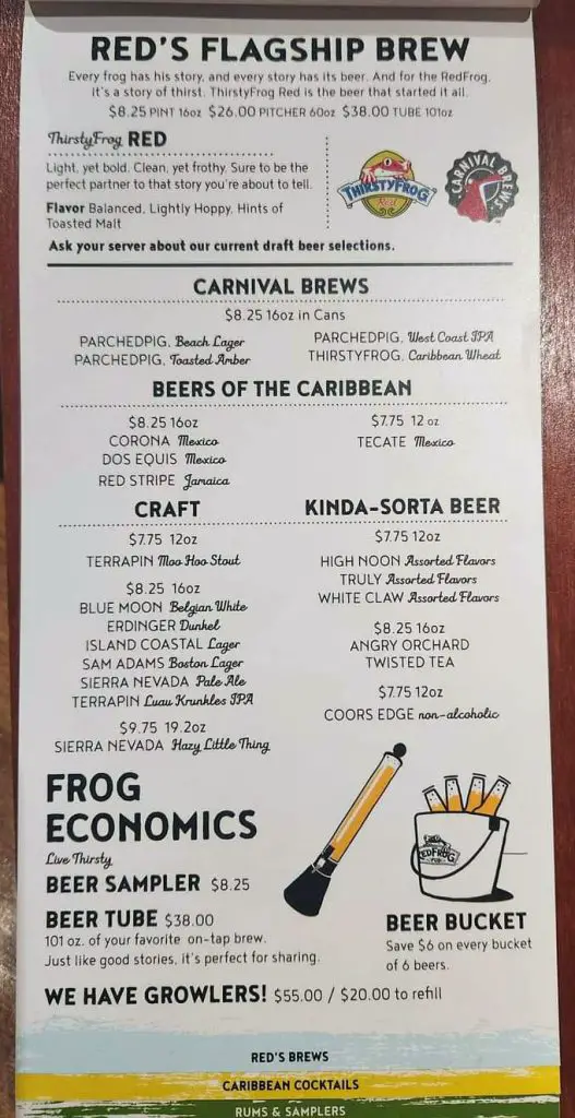 carnival redfrog pub menu page 1