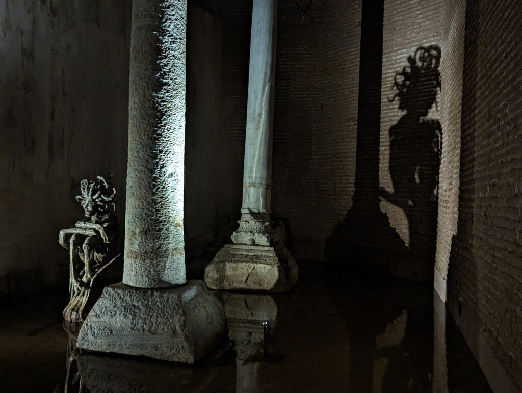 medusa shadow in basilica cistern