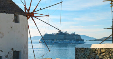 mykonos windmill and norwegian viva cruise ship