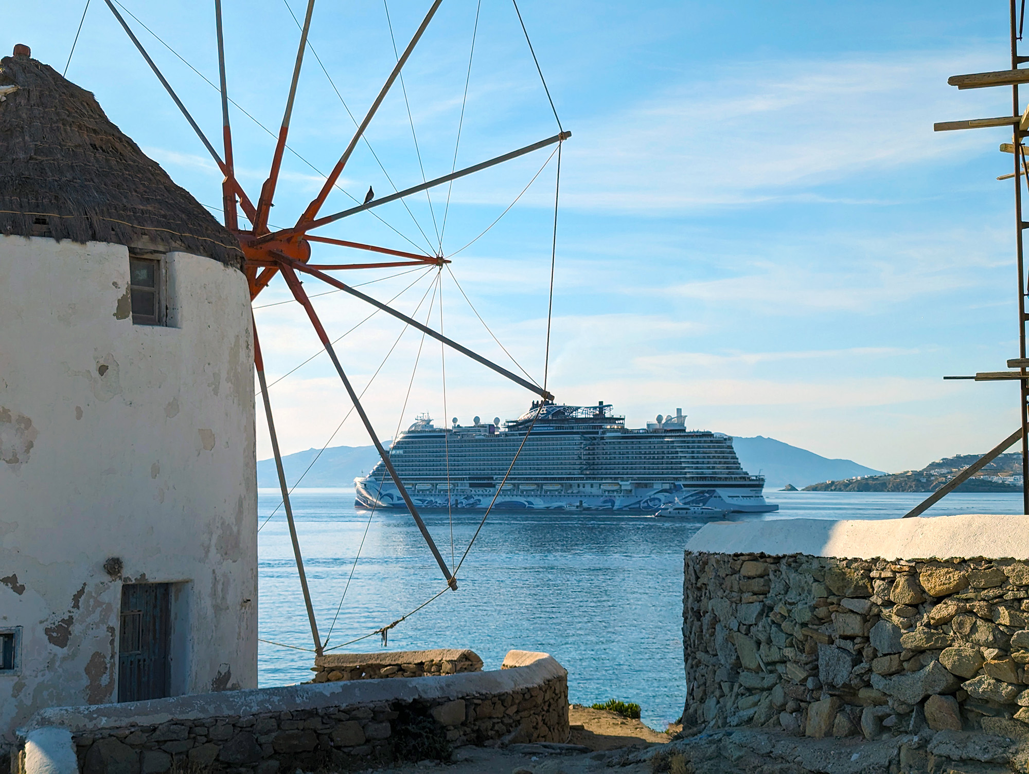 mykonos windmill and norwegian viva cruise ship