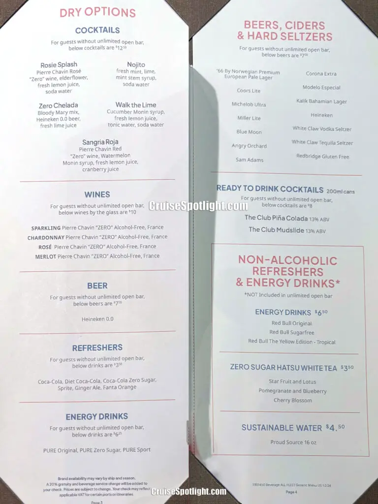 Norwegian cruise line cocktail and beer menu january 2025