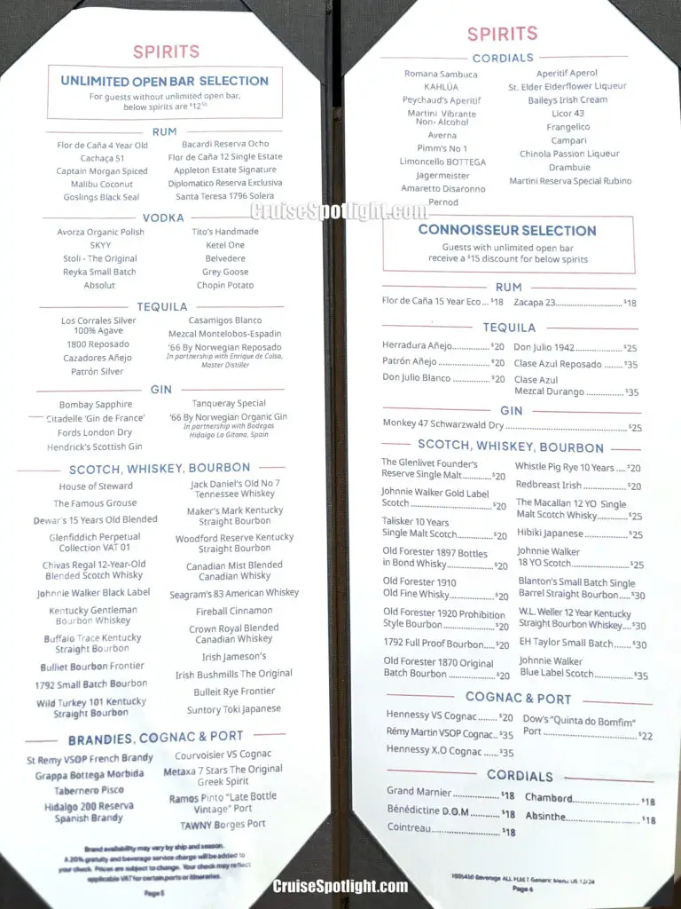 Norwegian cruise line spirit menu january 2025