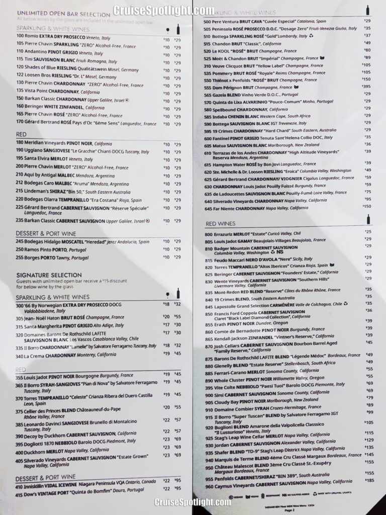 Norwegian cruise line wine list january 2025