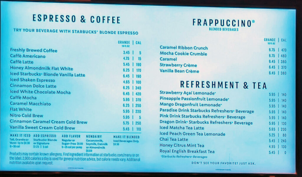 norwegian viva starbucks drink menu