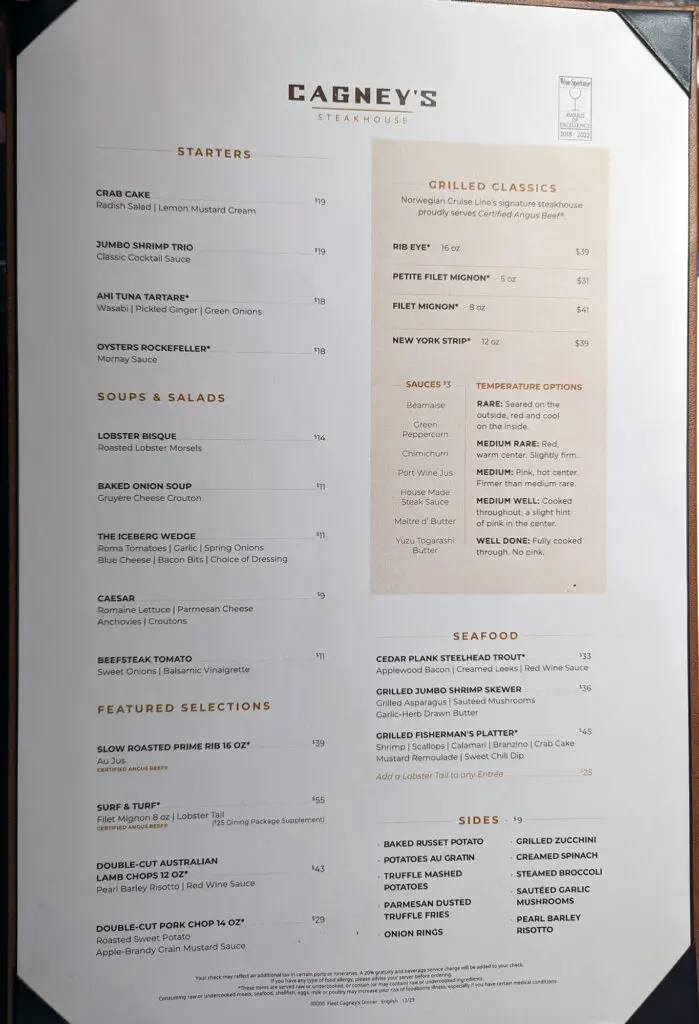 norwegian viva cagneys steakhouse menu may 2024