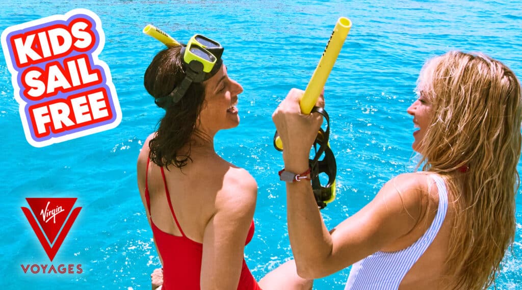 two women snorkeling in ocean with kids sail free logo