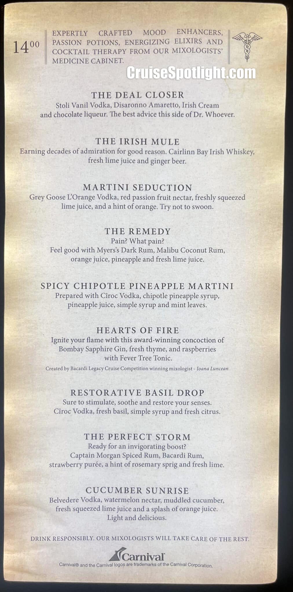 Carnival Jubilee Bars With Menus And Prices Cruise Spotlight