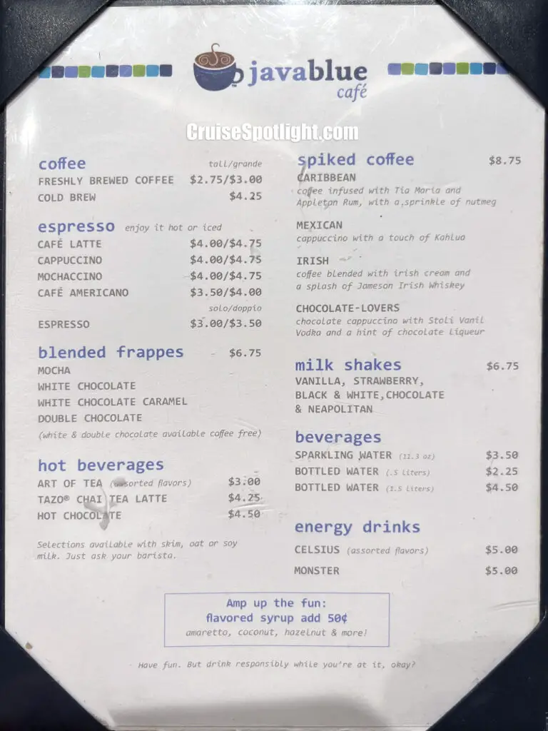 carnival javablue cafe menu october 2024