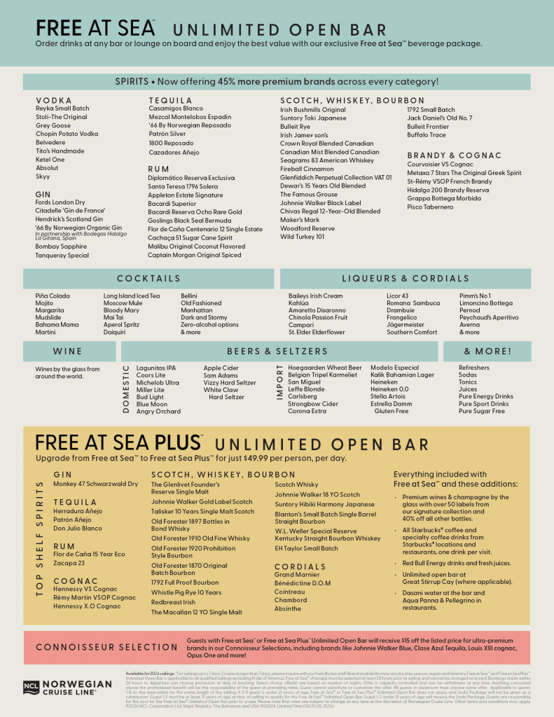 norwegian cruise line beverage flyer for 2026