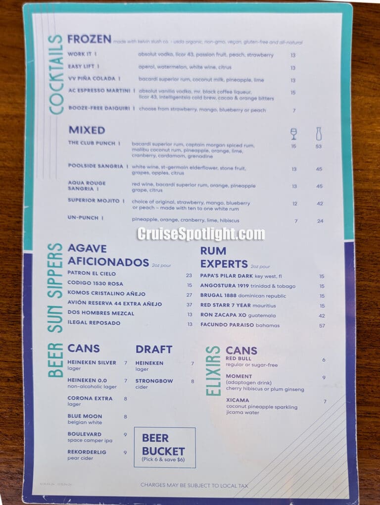 Sun Club Bar Menu page 1