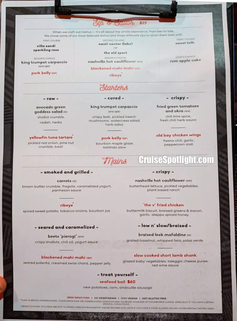 virgin voyages razzle dazzle dinner menu 