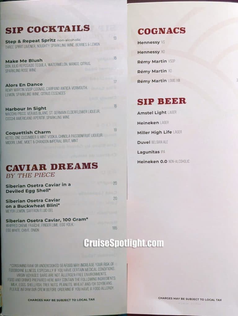 Sip Lounge Menu page 1