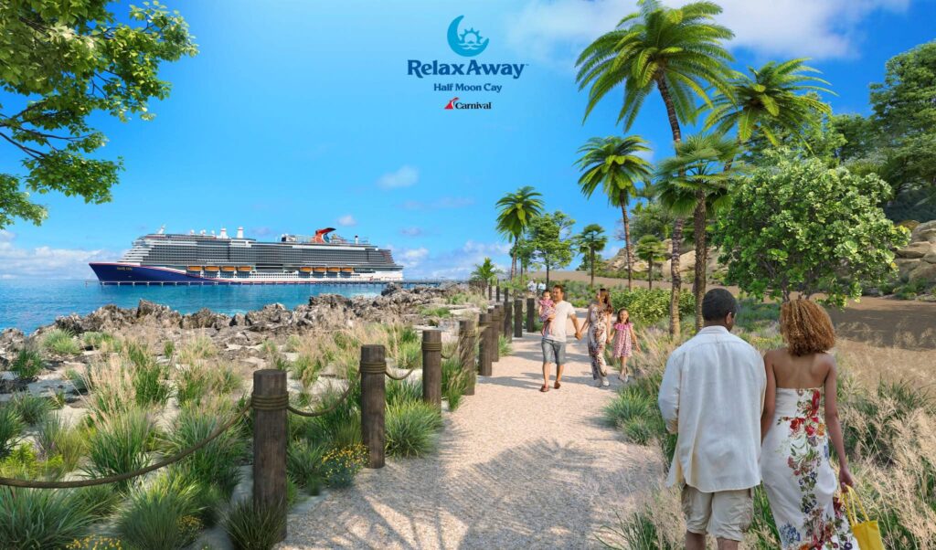 people walking on a natural path on RelaxAway with carnival ship in the background