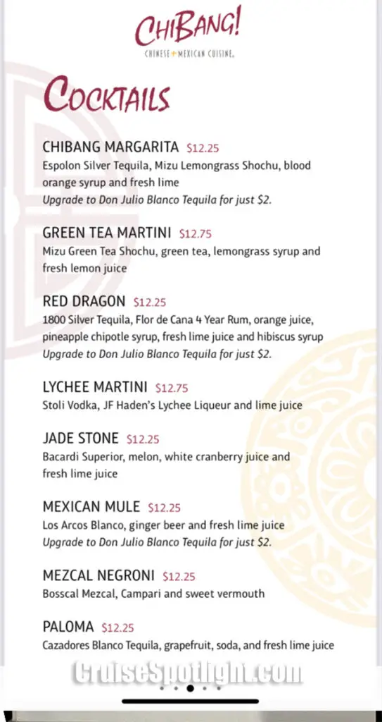 Carnival Chibang Cocktail menu