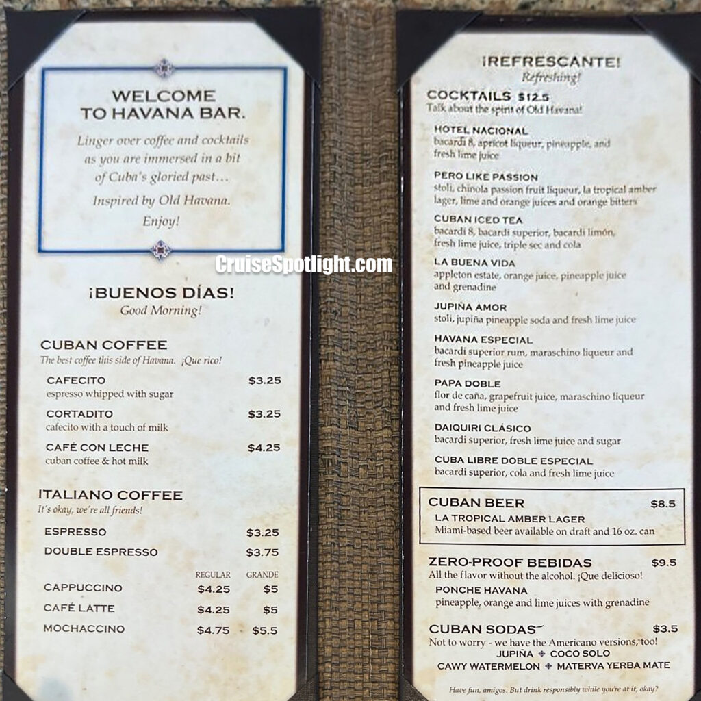 carnival Havana bar menu january 2025