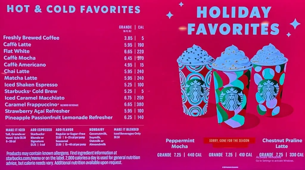 norwegian cruise line starbucks menu