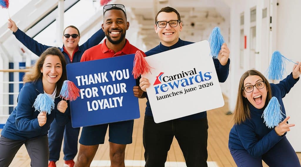 people holding sign about carnival rewards program