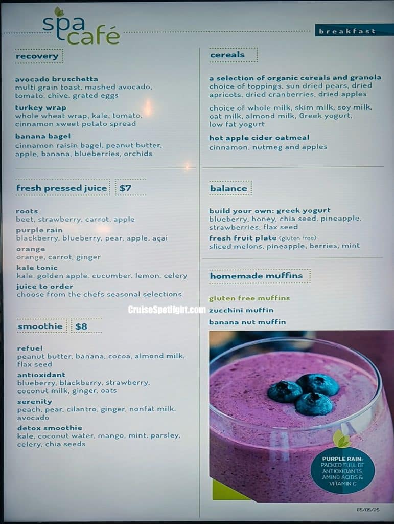 celebrity spa cafe breakfast menu