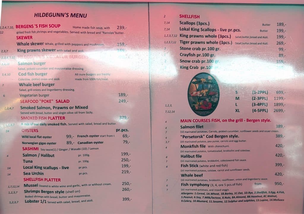 menu at bergen fish market