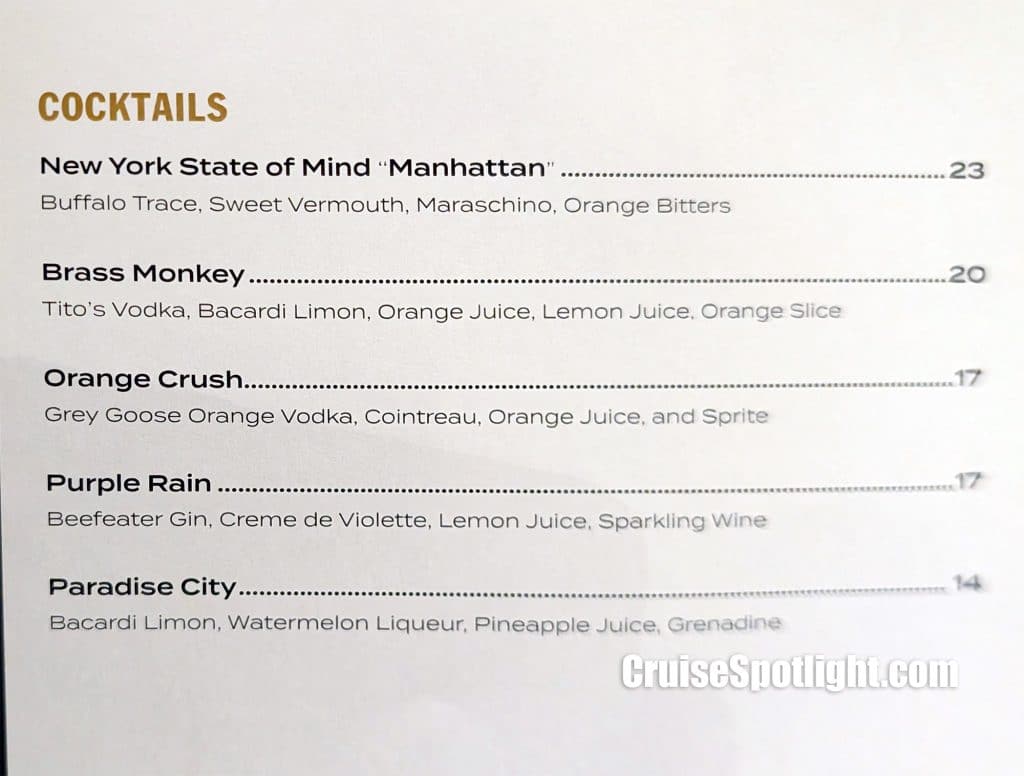 the club cocktail menu on celebrity apex