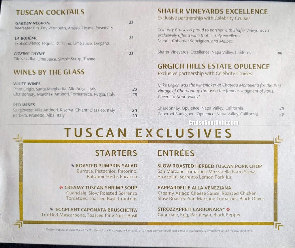 celebrity apex tuscan dining room menu day 5 page 1